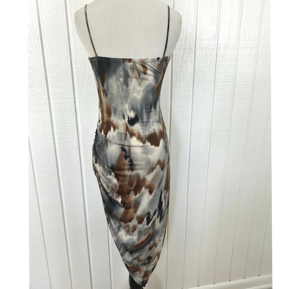 Windsor Abstract Print Bodycon Midi Dress M Brown Gray Ruched Asymmetrical Hem - Picture 5 of 6